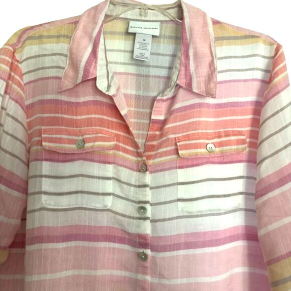 Alfred Dunner Pastel Stripe 3/4 Sleeve Button Down V Neck Woman's Blouse M #BD - Picture 4 of 6